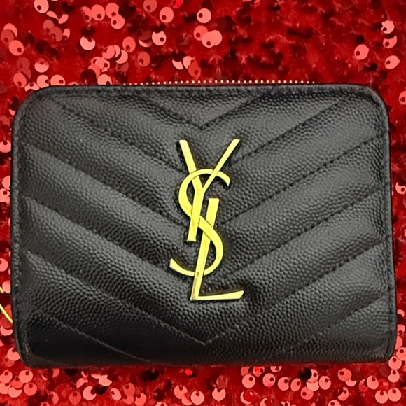 YSL Black & Red Zippy Wallet with Gold Logo - Picture 2 of 15